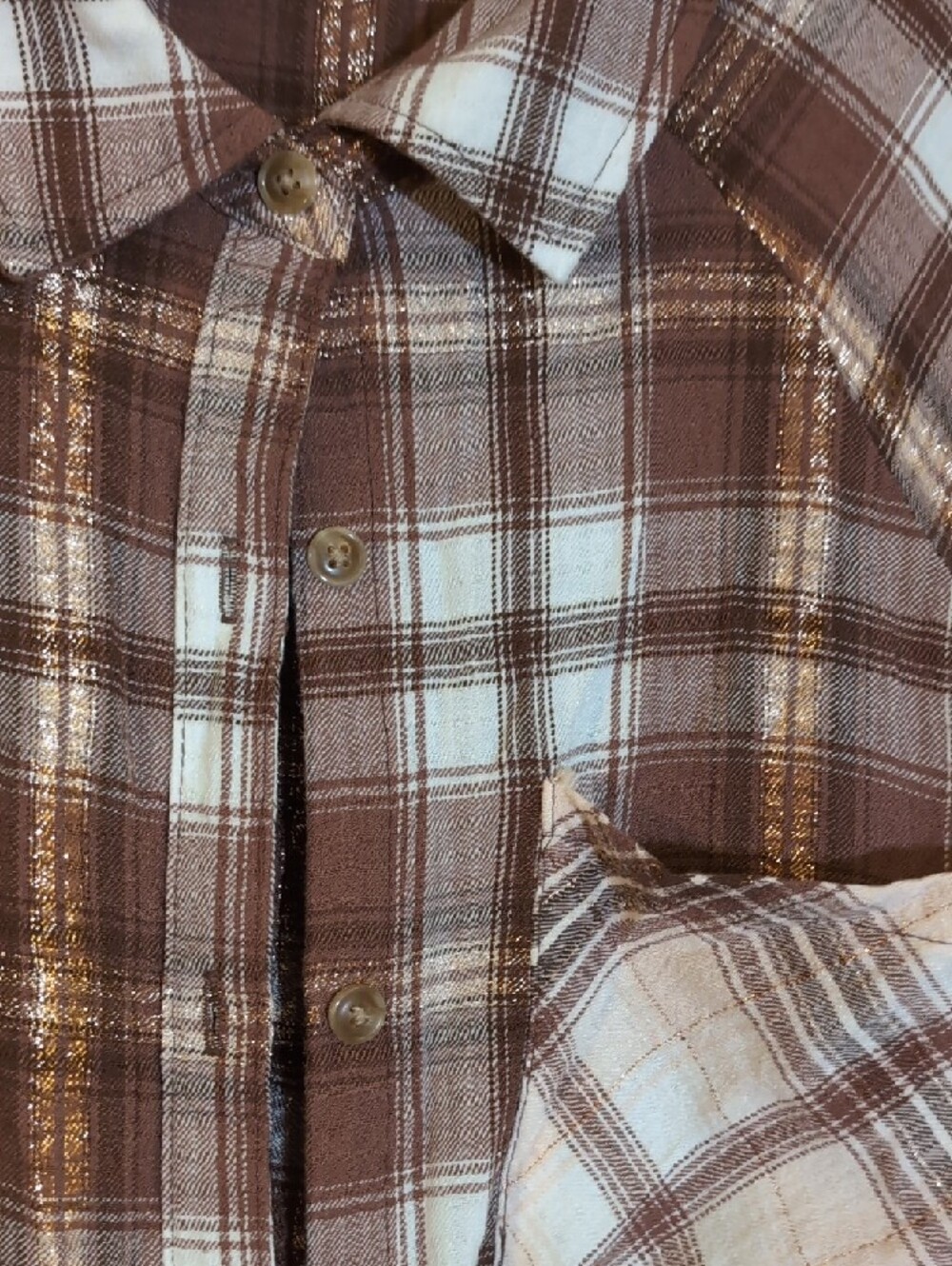 Cato Brown and Cream Plaid Button-Up Top with Metallic Thread - Picture 4 of 4